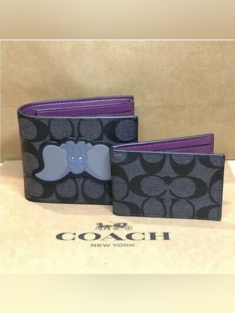 Coach X Disney Collab Sig. Leather 3 n 1 Dumbo Wallet & Cardholder Set Authentic